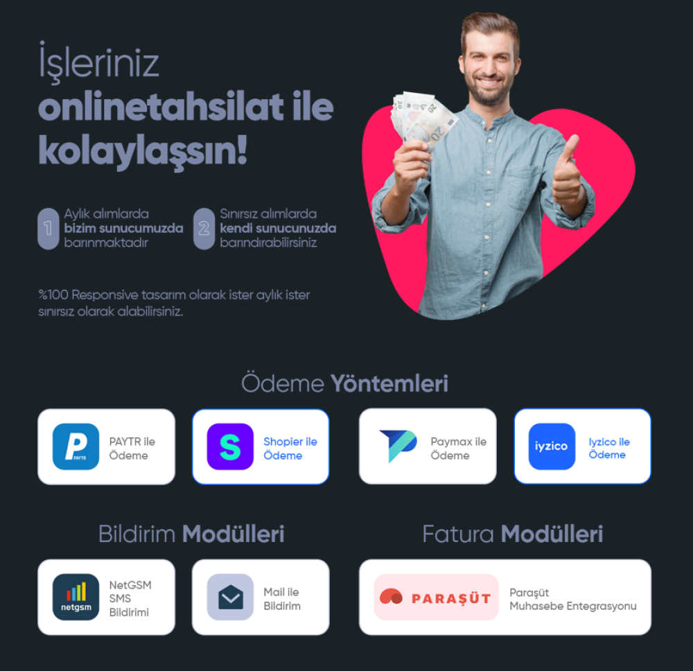 Online Tahsilat Yazılımı & Stripe, PayTR, Paymax, Shopier, Iyzico, NetGSM, Paraşüt, O...